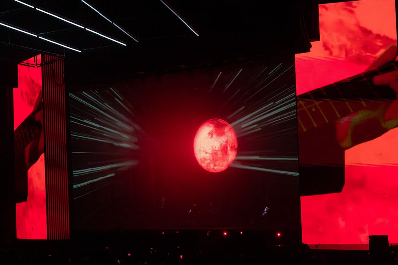 Close view of red LED panels on a concert stage