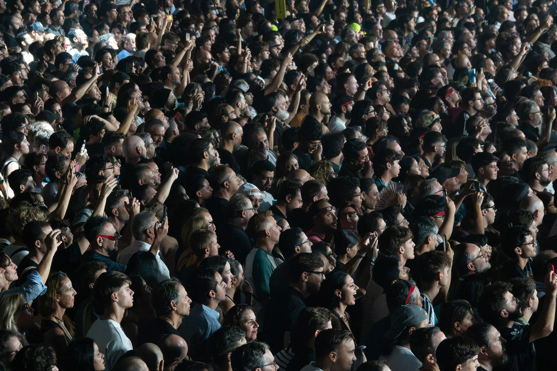 Dense concert crowd lit from the side looks toward the stage, several fans raising their phones