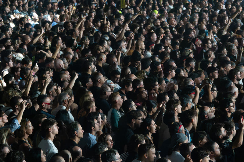 Dense concert crowd lit from the side looks toward the stage, several fans raising their phones