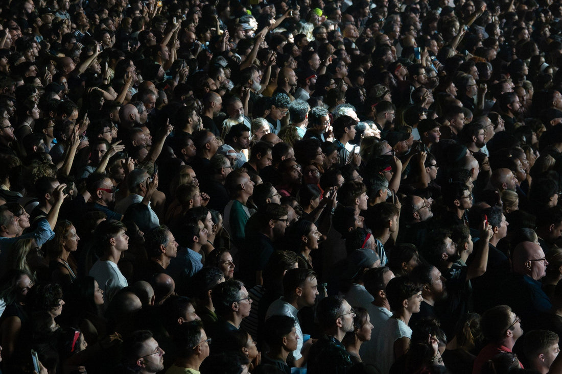 Dense concert crowd lit from the side looking up toward the stage