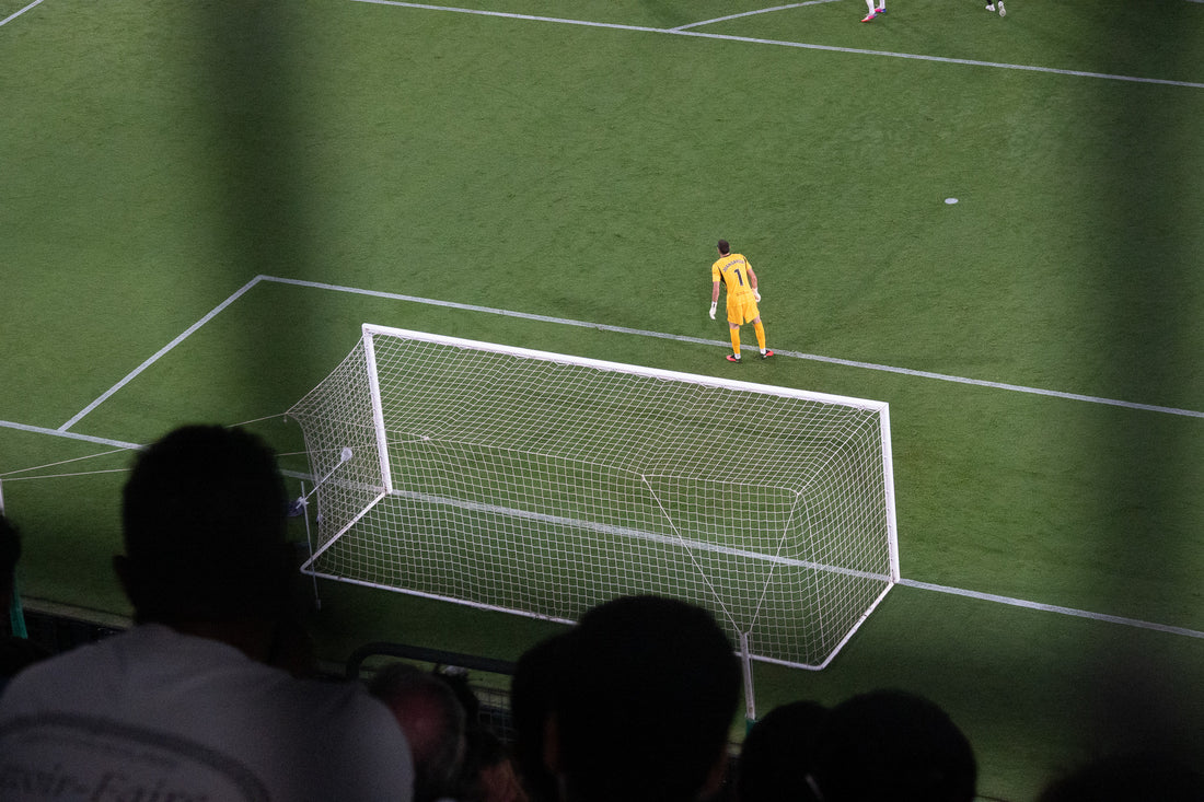 View of a goal and the pitch from the stands, framed by the silhouettes of seated spectators