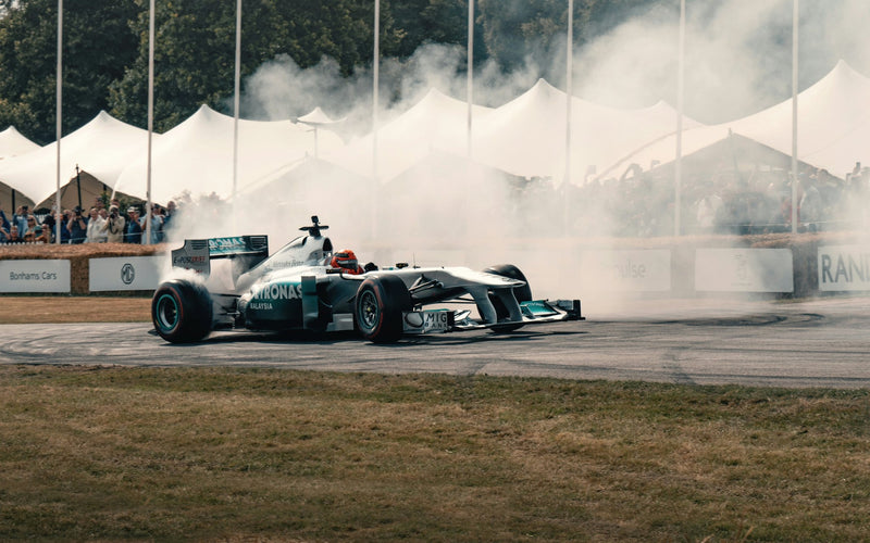 Formula 1 car on a demonstration run with tyre smoke in front of the crowd