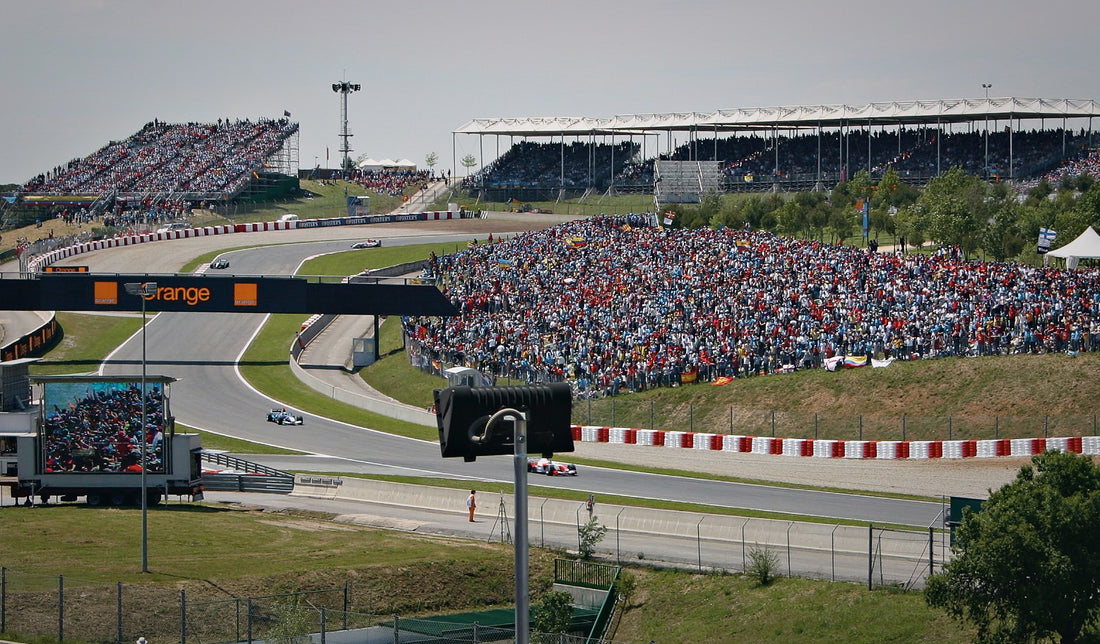 Formula 1 cars round a bend beneath a packed hillside spectator area and covered grandstands