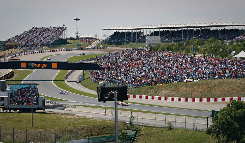 Formula 1 cars round a bend beneath a packed hillside spectator area and covered grandstands