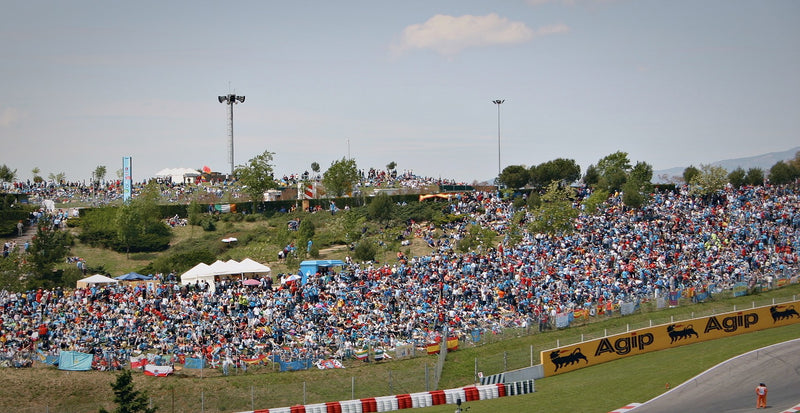 Formula 1 fans pack a hillside spectator area beside the circuit on race day