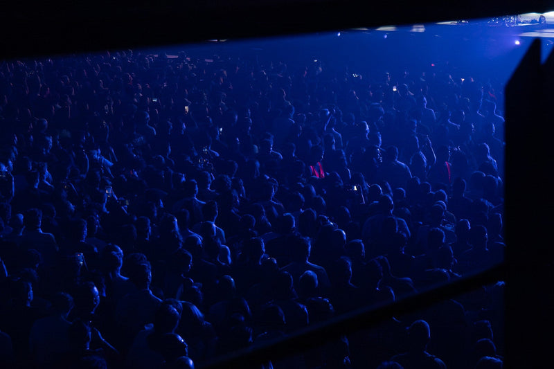 Rows of concertgoers lit in blue stretching toward the stage
